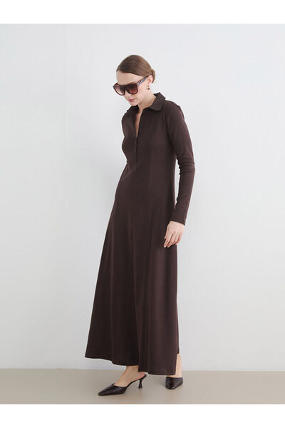 LC Waikiki Lcw Everyday Brown Shirt Collar Waist-Slit Dress