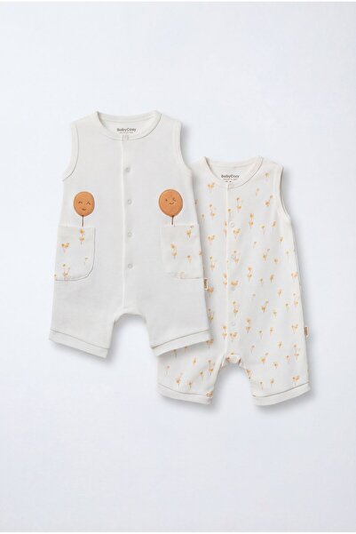 Magu Unisex Baby Cotton Ecru 2-Piece Sleeveless Romper Set - Patterned and wi...