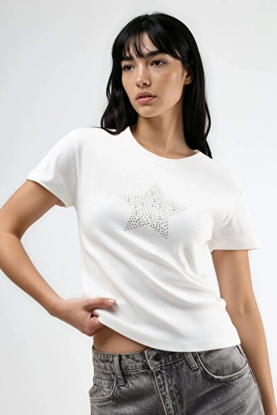 Hiccup BUSEM Тениска с кръгло деколте, декорирана с камъни