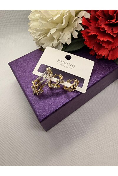 XUPING JEWELRY KUYUMCU SERİ ZİRKON TAŞLI 14K RENGİ X ÇARPI YILDIZ 3LÜ ÇELİK KÜPE