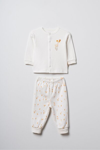 Magu Unisex Baby Cotton Ecru Teddy Bear Printed Cardigan Pants Set - Patterne...