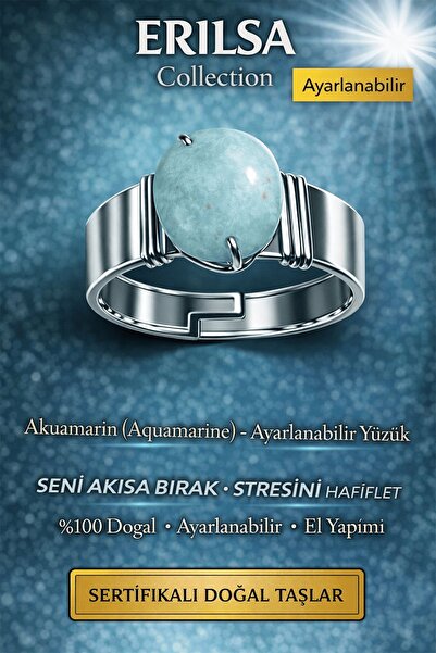 Erilsa Certified Aquamarine Natural Stone Adjustable Ring – Calming Energy St...