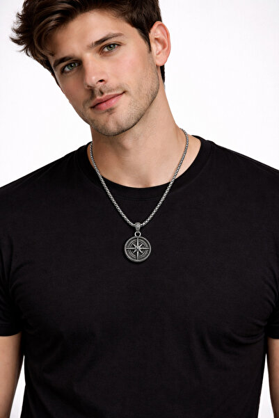 MakeWell Men's Compass Pendant Stainless Steel Non Tarnish Chain Necklace Vin...