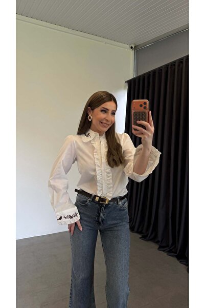 elif teke White Shirt with Bird Embroidery on the Collar and Ruffles on the F...