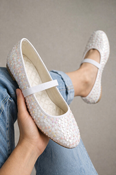 STOCON Silvery White Sequined Mary Jane Ballet Flats Stylish Buckle Rubber Ho...