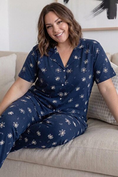 Pijamaevi Navy Blue Daisy Patterned Large Size Short Sleeve Front Buttoned Ba...