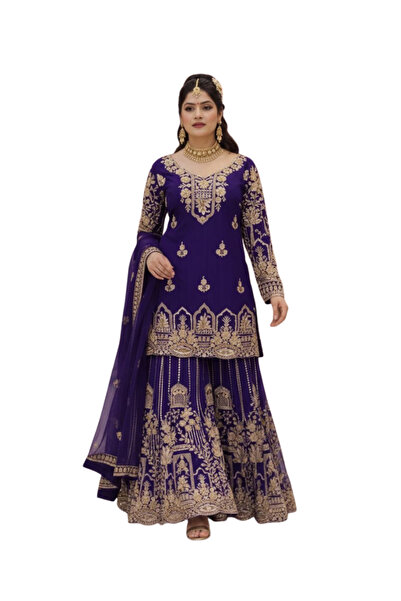 MYSMAR Purple Faux Georgette Top Pent Dupatt Set - HRT7429 - Purple