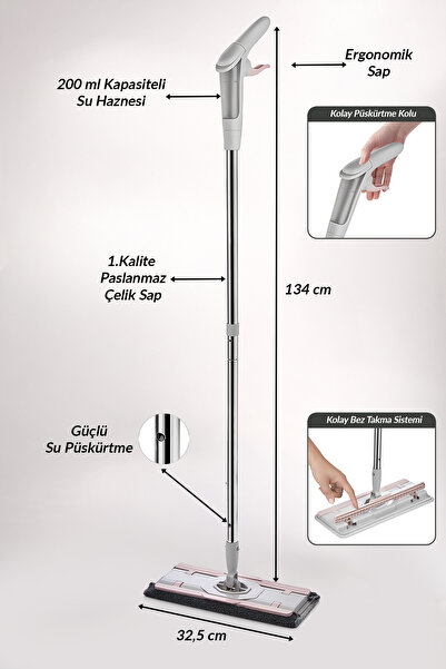 Lavine Mandallı Sprey Mop Mikrofiber Bezli Paslanmaz Çelik Saplı 4XL Bezlerle Kullanıma Uygun