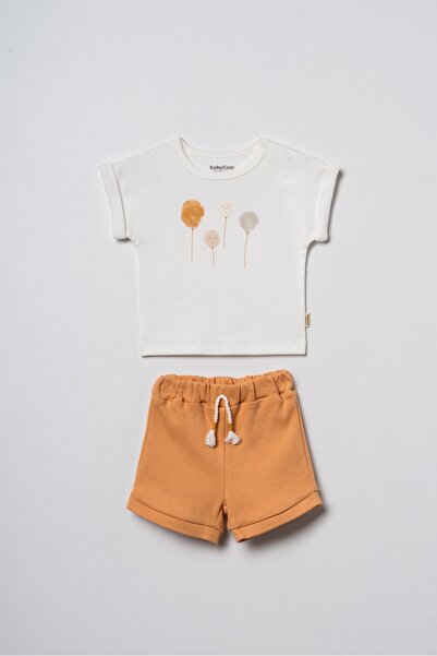 Magu Unisex Baby Cotton Ecru Mustard T-Shirt Shorts Set - Floral Printed
