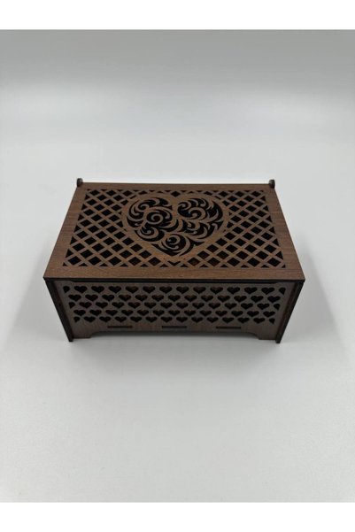 WOODIVA AHŞAP Woodiva Walnut Color Heart Patterned Wooden Memory and Jewelry Box (16X11X7.5 cm)