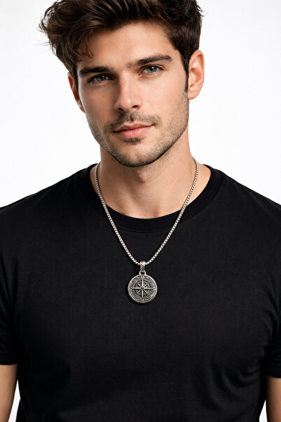 MakeWell Men's Compass Pendant Stainless Steel Non Tarnish Chain Necklace Vin...