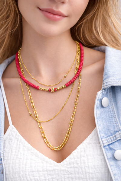 MakeWell Women's 3-Piece Chain Necklace Set Gold Color Pink Beaded Layered Su...