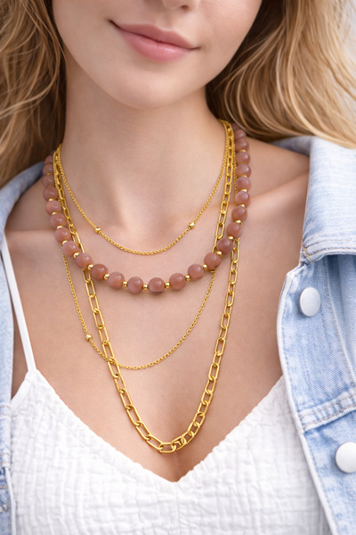MakeWell Women's 3-Piece Chain Necklace Set Gold Color Pink Beaded Layered Su...