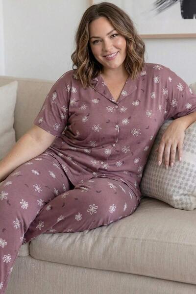 Pijamaevi Powder Daisy Patterned Large Size Short Sleeve Front Buttoned Bambo...