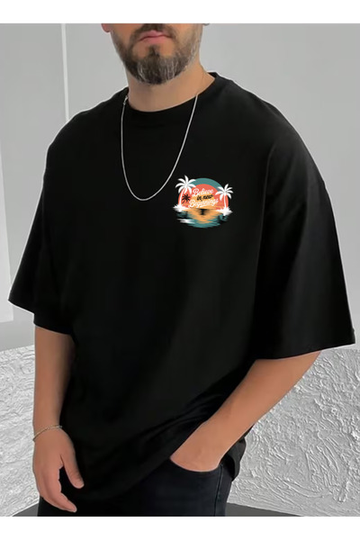 SUNFREE تي شيرت رجالي بأكمام قصيرة وياقة دائرية مطبوع عليه SLOGAN SUNSET