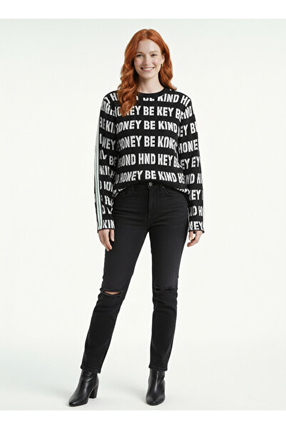 Neden Tekstil Women's Black Textured Patterned Knitwear Sweater