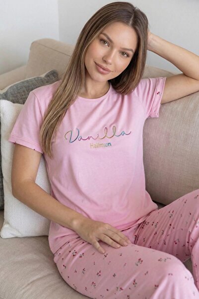 Pijamaevi Light Pink Vanilla Patterned Bamboo Short Sleeve Women's Pajama Set