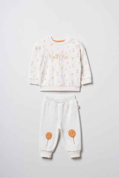 Magu Unisex Baby Cotton Ecru Sweatshirt Tracksuit Set - Balloon Patterned