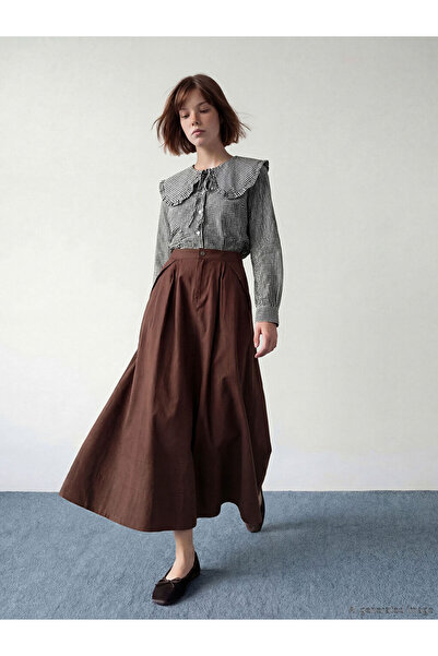 LC Waikiki Brown High Waist Gathered Poplin Flared Skirt