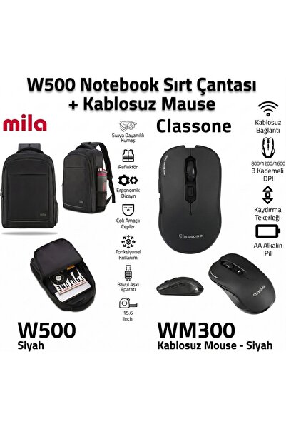 Classone Mila W500 15.6" Notebook Backpack - Black + Wm300 Wireless Mouse