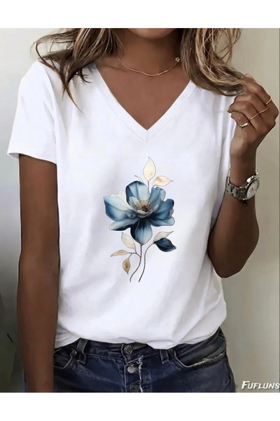 FUFLUNS ΓΥΝΑΙΚΕΙΟ ΜΠΛΟΥΖΑΚΙ OVERSIZE ΜΕ ΛΑΙΜΟΚΟΨΗ ΣΕ ΣΧΗΜΑ V ΜΕ ΣΧΕΔΙΟ ΑΝΘΕΩΝ...