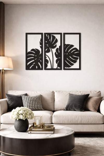 Lazer X Design 3 Parça Ahşap Duvar Tablosu Monstera Yaprak Desenli | 18x38 cm...