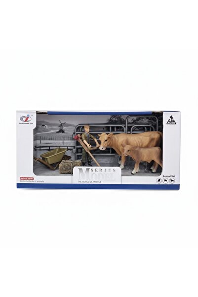 TUFY TOYS ÇİFTÇİLİ KAHVERENGİ İNEK VE AİLESİ MODEL HAYVAN OYUNCAK