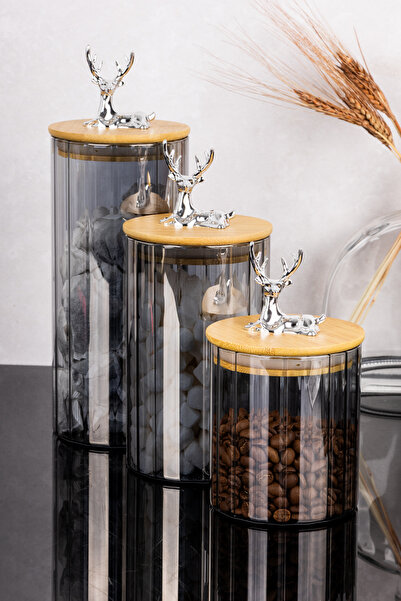3-Piece Glass Jar Set with Bamboo Lid Anthracite Glass Deer Lid Vacuum Borosilicate