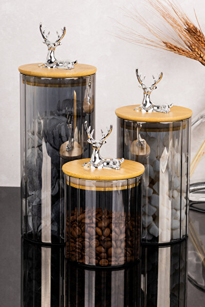 Dolkin Home 3-Piece Glass Jar Set with Bamboo Lid Anthracite Glass Deer Lid V...