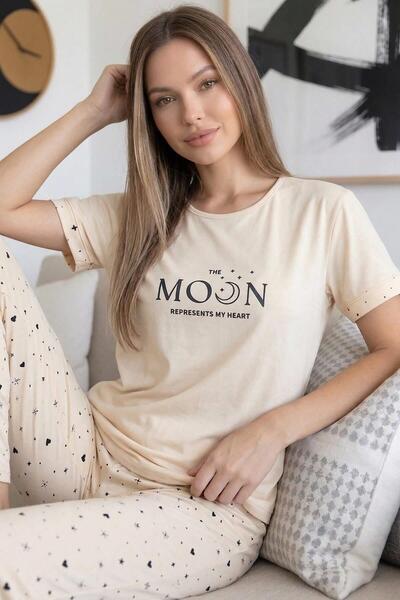 Pijamaevi Beige Moon Patterned Bamboo Short Sleeve Women's Pajama Set
