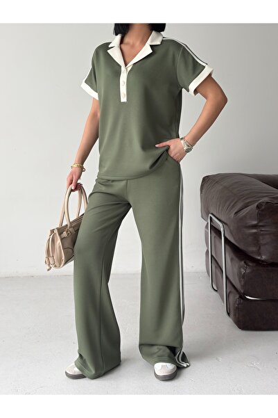 LAVRE Oversize Modal Fabric Soft Textured Striped Polo Collar Tracksuit Set