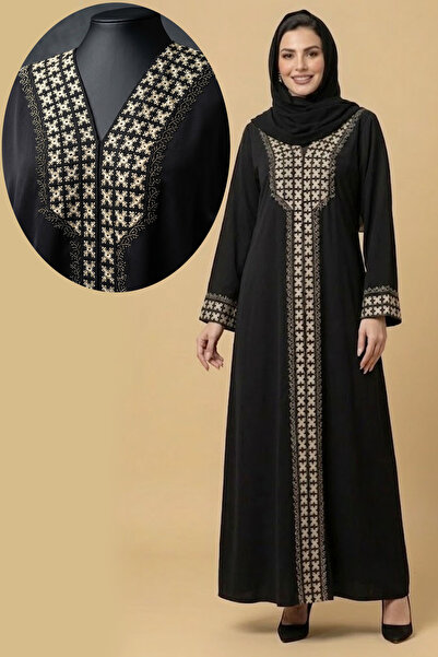 Muchmy Premium Black Abaya with Floral Embroidery Full Length Modest Muslim W...
