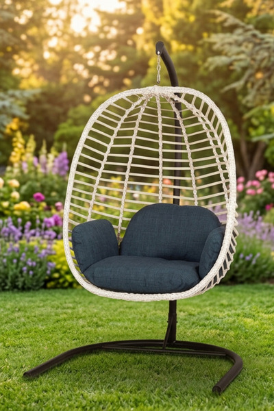 KalyonHome Gardeniza Capri Rattan Tek Kişilik Bahçe Balkon Salıncağı Armut Su İtici Minder Lacivert