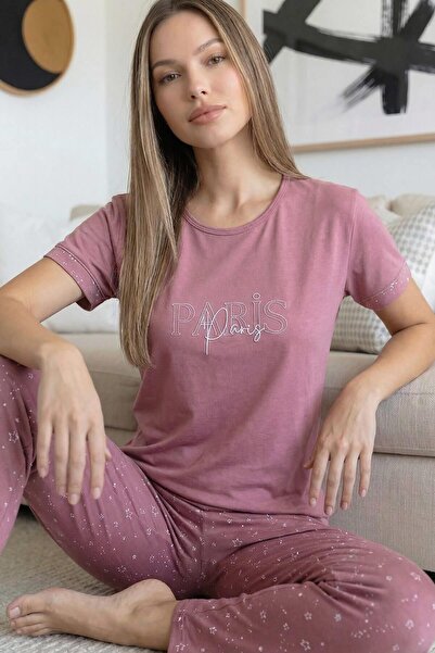Pijamaevi Powder Paris Patterned Bamboo Short Sleeve Women's Pajama Set