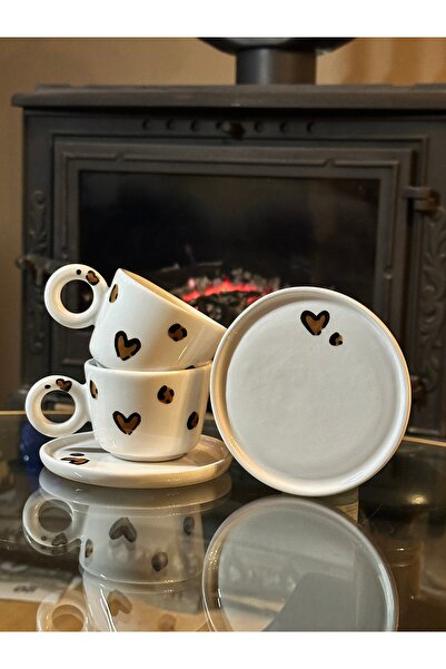 Bark Seramik El Yapımı Seramik 2 Kişilik Double Leoparlı Kahve Fincanı Takımı