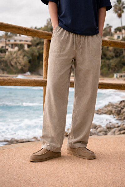 DAMGA JEANS Men's Relax Fit Summer Loose Beige Linen Trousers