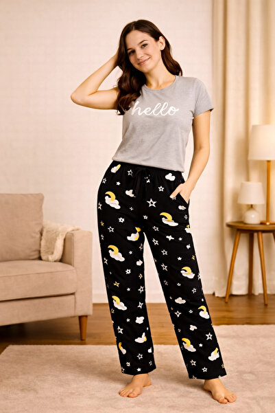 MİSS ADELLA Women's Moon Star Nightgown Elastic Patterned Slim Comfortable Cu...