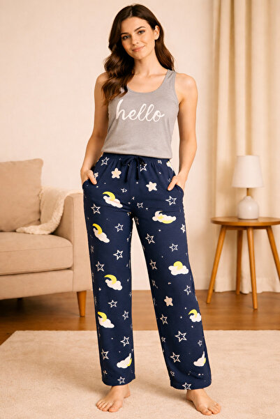 MİSS ADELLA Women's Moon Star Nightgown Elastic Patterned Slim Comfortable Cu...