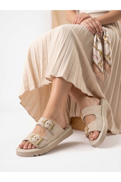 BESKAR Summer Women's Beige Thin Sole Buckle Slippers