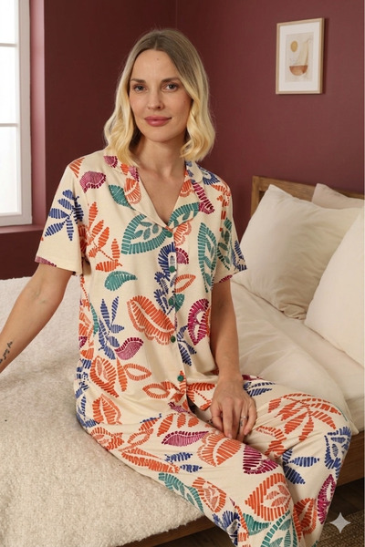 Defkay : 100% Cotton Short Sleeve Full Button Women's Pajama Set - Soft Textu...
