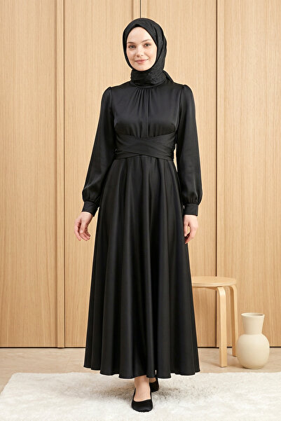 FERHEL Women's Cross-Tie Waist Satin Evening Dress - Black