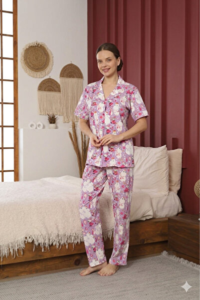 Defkay : 100% Cotton Short Sleeve Full Button Women's Pajama Set - Soft Textu...