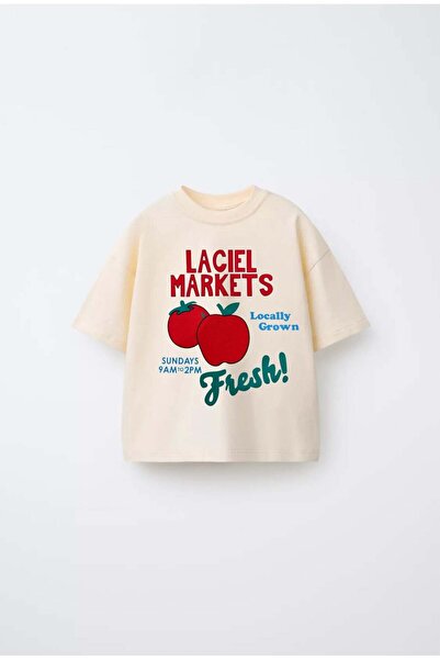 Magu Unisex Παιδικό Βαμβακερό Μπλουζάκι Εκρού με στάμπα μήλου - Με λεπτομέρει...