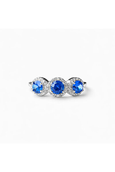 KLAZOJEWELRY 925 Ayar Gümüş Rodyum Kaplama Üç Taş Safir Renk Işıltılı Yüzük