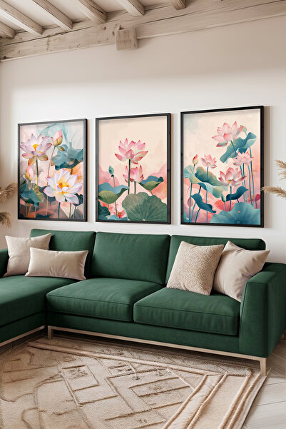 STARYUNA Μαύρο ξύλινο πλαίσιο με λουλούδια λωτού σε παστέλ αποχρώσεις, σετ τρ...