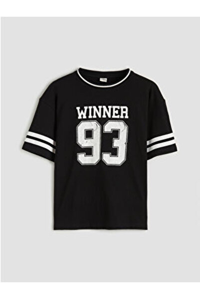 LC Waikiki New Season Black Crew Neck Girls' Printed T-Shirt
