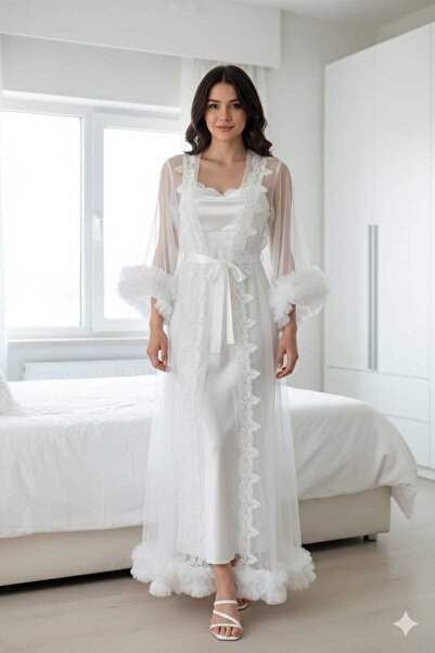NightLove White Lace Detailed Long Fluffy Sleeves Dressing Gown S7571