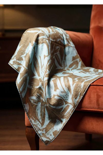 Silk Home Cotton Blend Scarf Turquoise Modern Flora Pattern Soft Textured Non-Slip 90X90