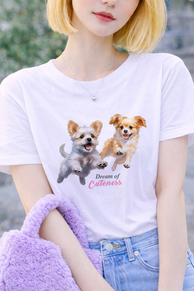 FANA Women's White Dog Print T-Shirt Terrier Cute Dog Pattern Loose Fit T-Shirt