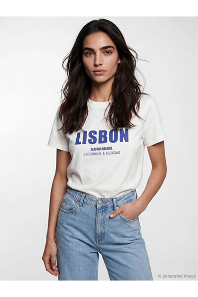 LC Waikiki Rmz Gi̇yi̇m Farkiyla Zero Roba Yaka Lisbon Printed Women's T-Shirt